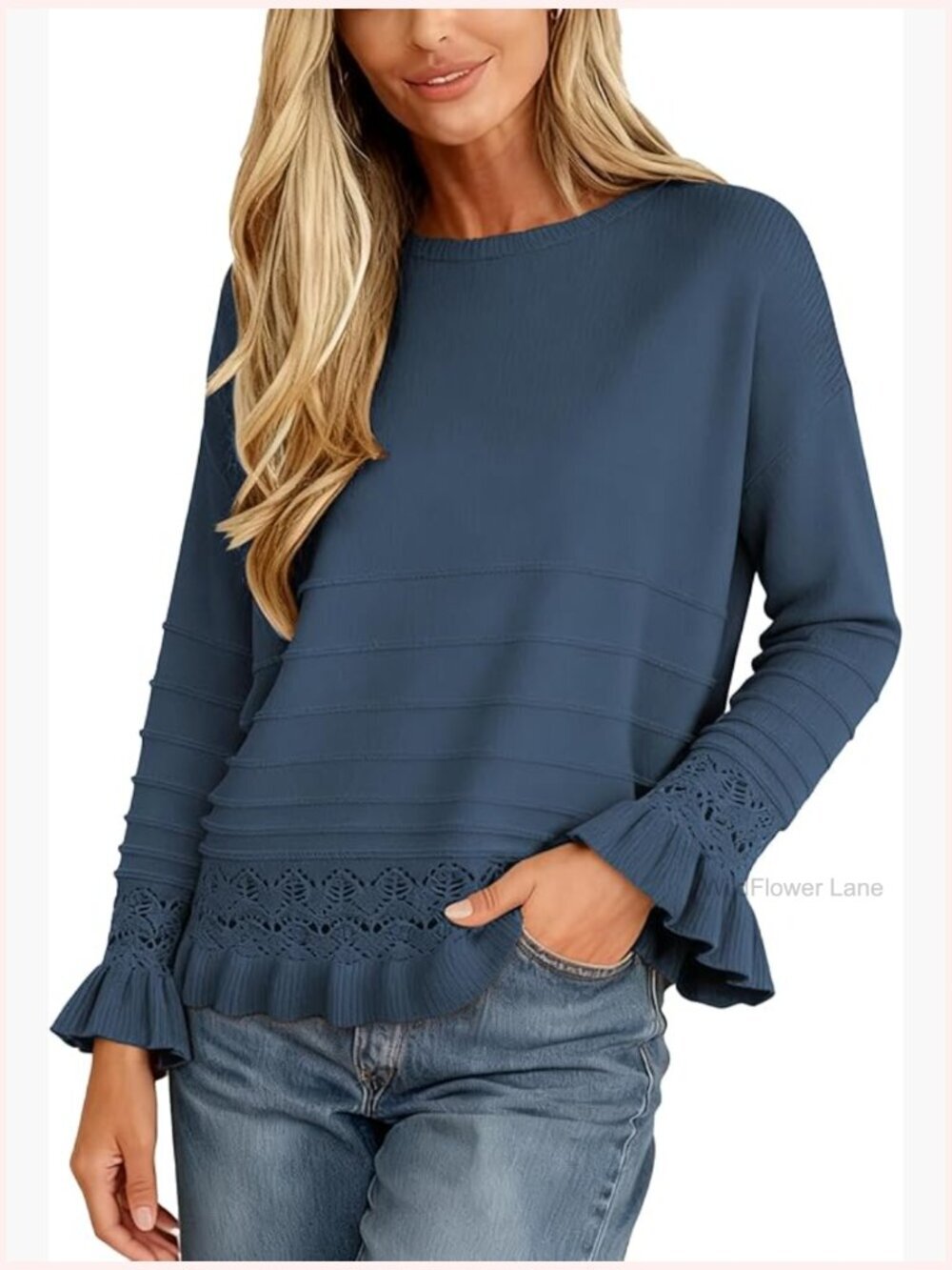 Knit Sweater Ruffle Hem Long Sleeve Crew Neck Pullover Women Office